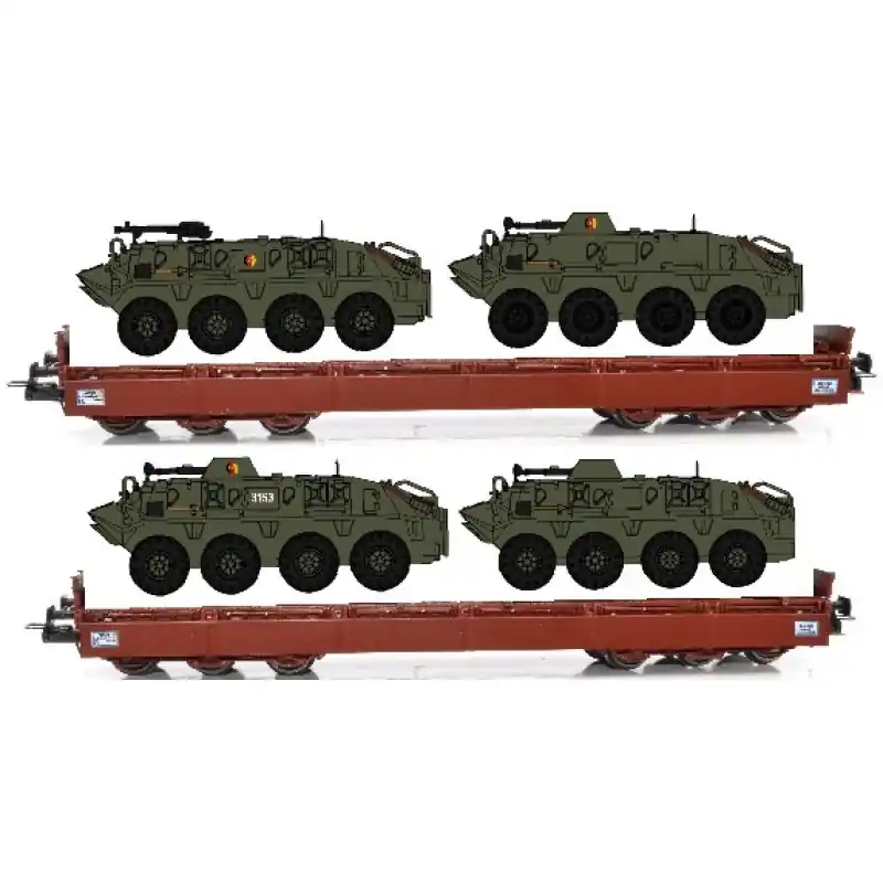 Originální Set dvou vozů Samms 4860, DR, se sklopenými bočnicemi, ložený obrněnými transportéry, IV. epocha, H0, NPE 22220