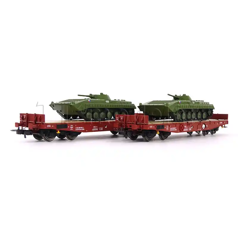 Cenový Hit Set dvou plošinových vozů Rmms 3960 naložených tanky typu BMP-1, DR, IV. epocha, H0, Tillig 70055