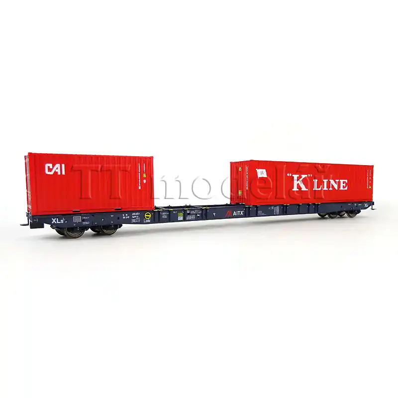 Kontejnerový vůz Sggnss-XLs AITX s 20‘ kontejnerem Cai a 40‘ kontejnerem "K"line, VI. epocha, H0, IGRA MODEL 96010086 Finální Výprodej