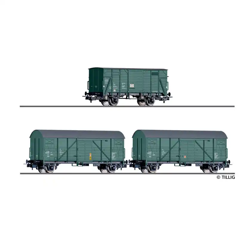 Nízká Cena Set tří krytých nákladních vozů ,,Bauzugwagen", DR, IV. epocha, H0, Tillig 70050
