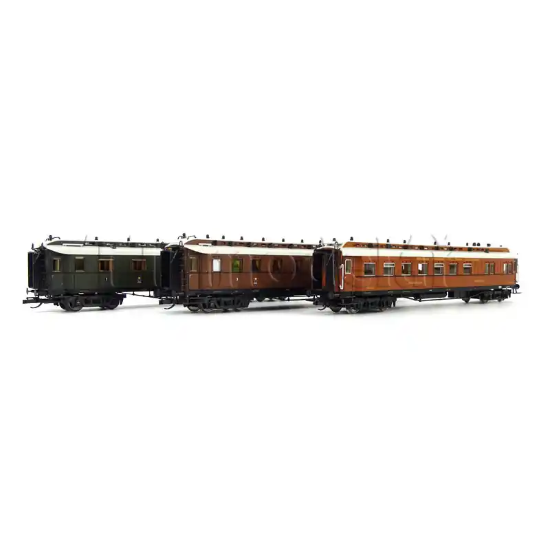Aktuální Set tří osobních vozů "Pruský rychlík", K.P.E.V., I. epocha, TT, Tillig 01085