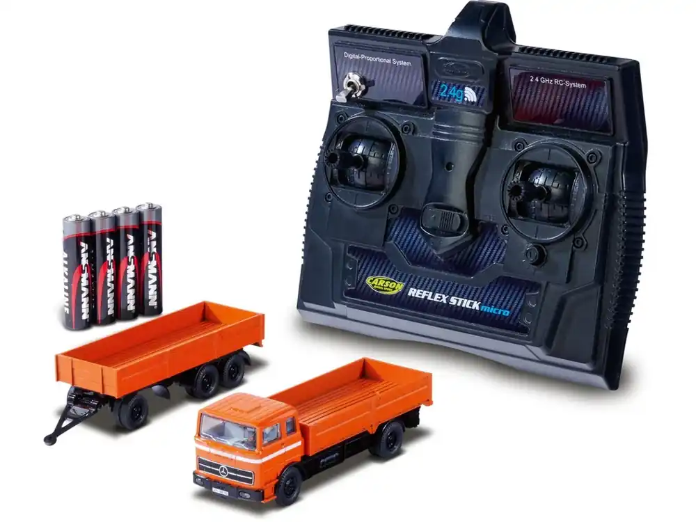 Cenový Hit Carson RC MB 1620 flatbed with trailer orange 1/87 100% RTR