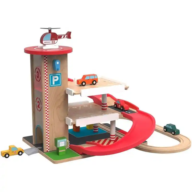 Garáž dřevěná - Patrová s výtahem a vláčkodráhou (2Kids Toys) Nová Kolekce