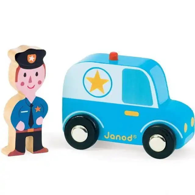 Tovární Cena Auto - Set dřevěný, Policejní auto s policistou (Janod)