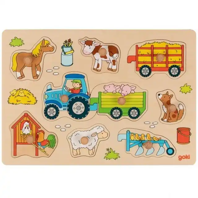 Puzzle vkládací - Traktor s vlečkou, 9ks (Goki) Levný